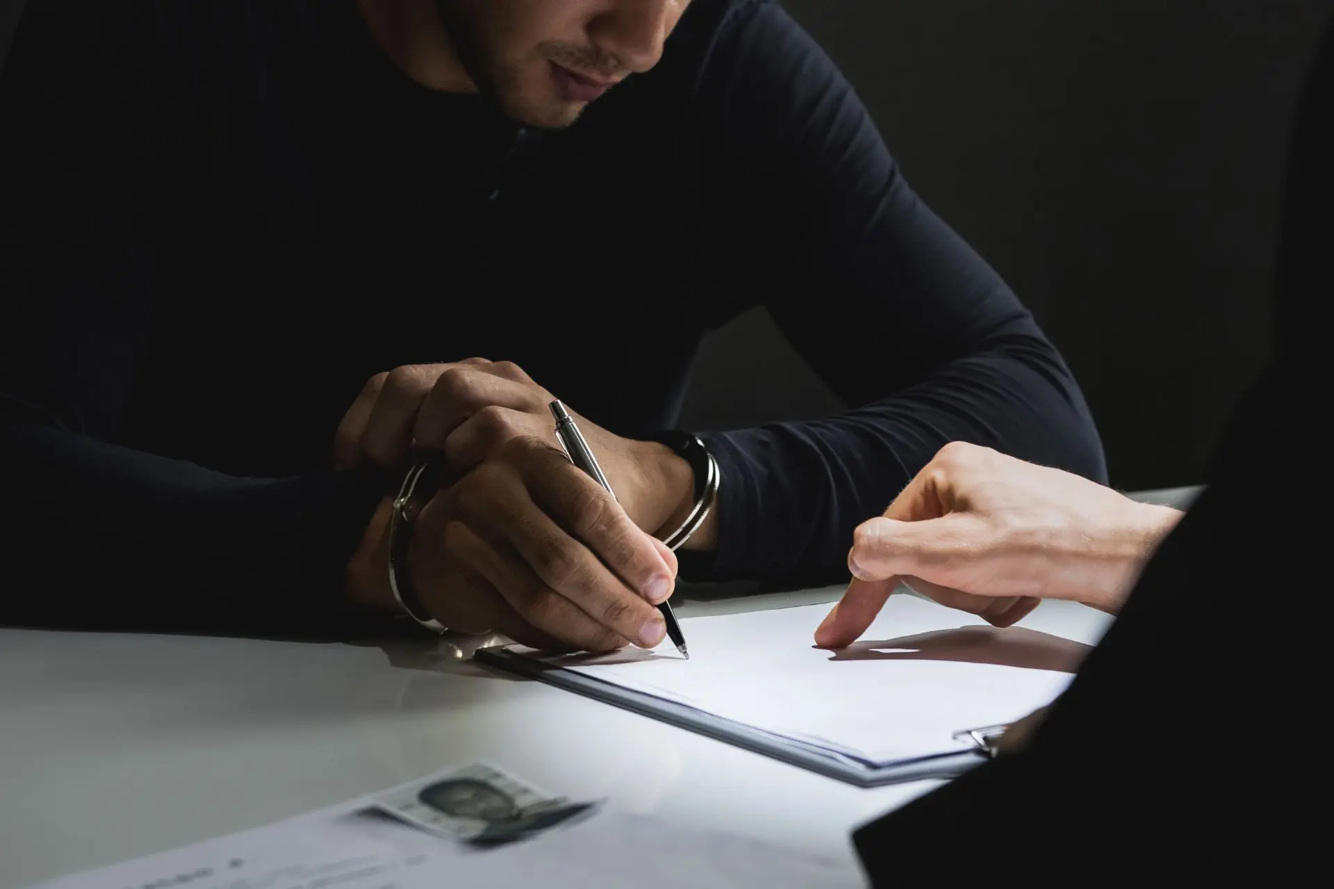 A man writing on paper with another person holding a pen.